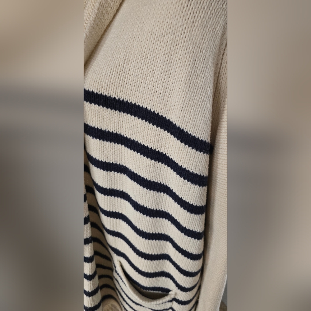 J. CREW Cream and Navy Shawl-Collar Striped Cardigan, Sz L - Picture 8 of 14